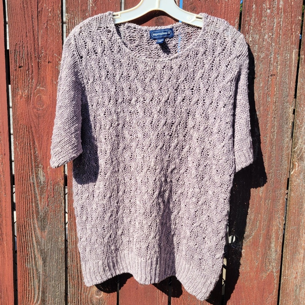 Impressions II Lavender Linen Cotton Open Knit Crochet Shrt Sleeve Sweater VTG M